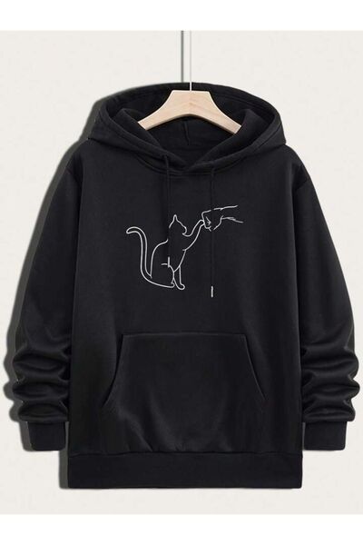 modaberry Cat Best Friend Sweatshirt - Black Printed Oversize Thick Hooded Ho...