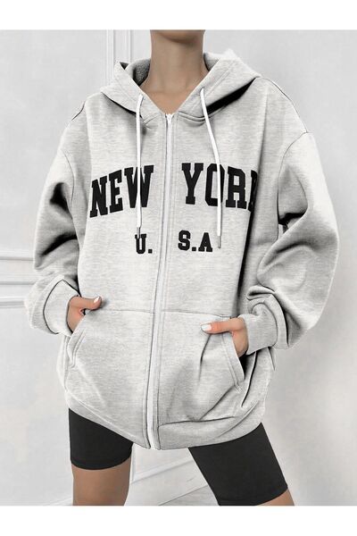 modaberry New York U.S.A Letter Φούτερ Ζακέτα με φερμουάρ - Γκρι στάμπα Oversize Χειμερινή κουκούλα με τσέπες