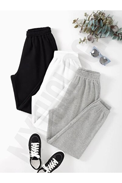 Trendglow Φούτερ Jogger χωρίς στάμπα με ψηλή μέση 3 τεμαχίων - Μαύρο λευκό και γκρι λαστιχένιο πόδι