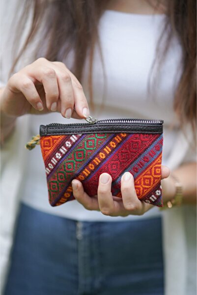 Umay محفظة يد صغيرة بنمط سجادة عثمانية أصلية بسحاب (13X10)