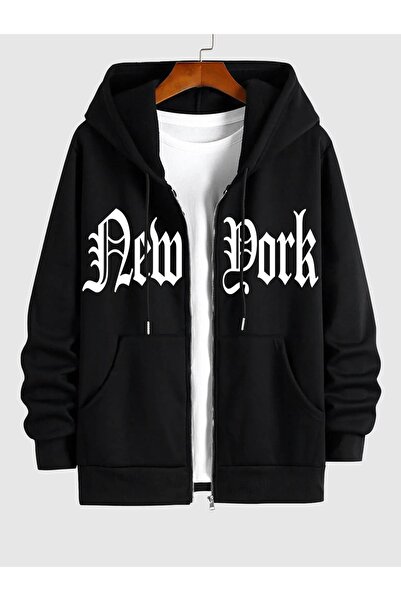 modaberry سترة صوفية بسحاب - سترة شتوية بجيب كبير مطبوع باللون الأسود