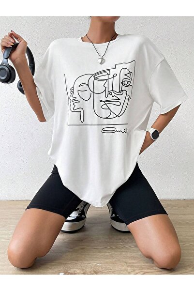 SeusCraft Tricou Stripe Face - Tricou supradimensionat cu imprimeu alb, de va...