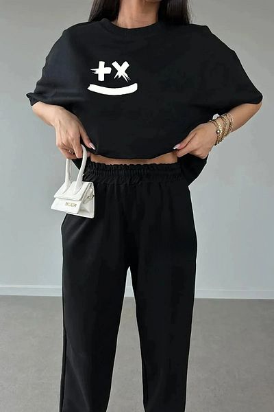 modaberry X Face T-shirt Sweatpants Jogger - Σετ φόρμας με μαύρη στάμπα Oversize Crew Neck