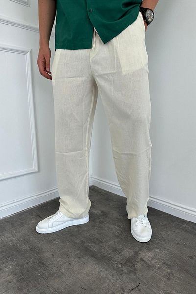 MADZEYMODA Ανδρικό εκρού τσαλακωμένο ύφασμα - φαρδύ παντελόνι με φαρδιά εφαρμογή και ελαστική μέση