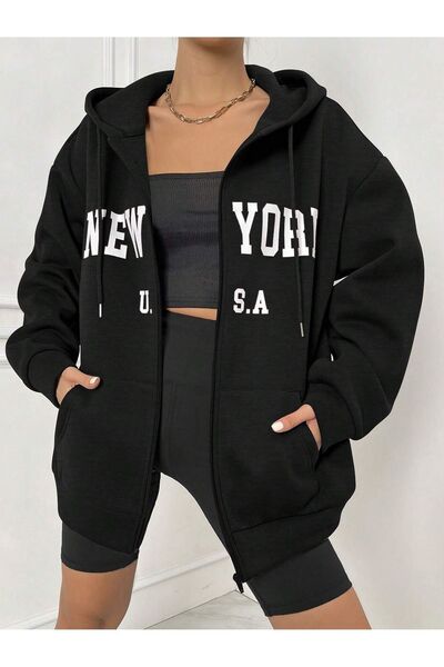 modaberry Hanorac text New York S.U.A. Cardigan cu fermoar - Hanorac de iarnă cu buzunar supradimensionat cu imprimeu negru