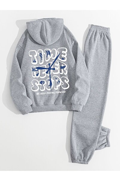 Trendglow Time Never Stops Tracksuit Set Sweatshirt Jogger - Gray Printed Oversize Hooded