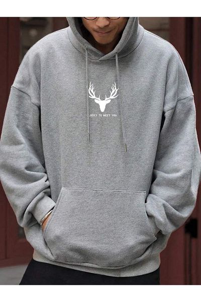 modaberry Μίνιμαλ φούτερ Deer - Φούτερ με γκρι στάμπα με χοντρή κουκούλα