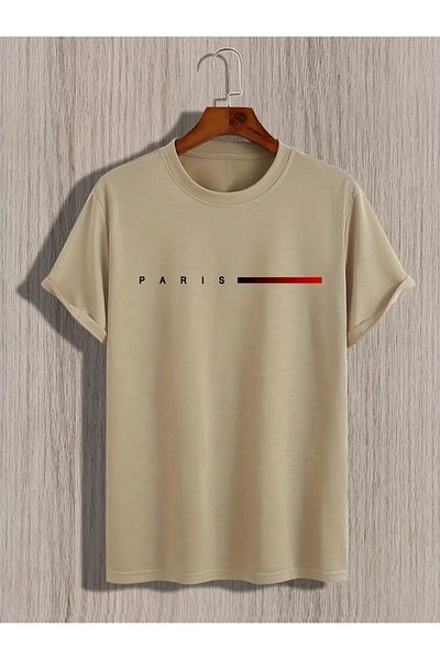modaberry Μπλουζάκι με μπεζ στάμπα Paris Short Stripe Oversize - Καλοκαίρι, κοντό μανίκι, λαιμόκοψη