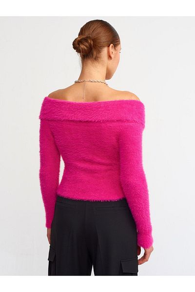 Dilvin 10327 Pulover cu guler șal cu umăr dezactivat-fucsia