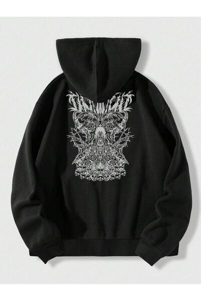 modaberry سترة صوفية بسحاب بتصميم جمجمة - سترة شتوية بجيب كبير مطبوع باللون ا...