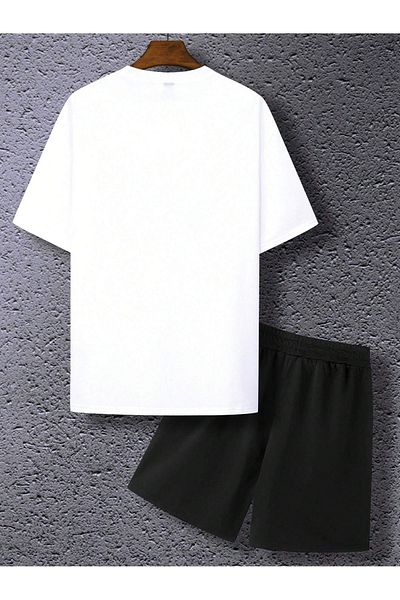 modaberry Basic Plain T-Shirt Shorts - White with Black Shorts T-Shirt Bottom Top Set Crew Neck
