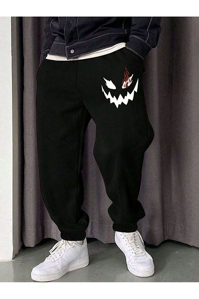 modaberry Flame Sneaky Face Sweatpants Jogger - Μαύρο εμπριμέ ψηλόμεσο ελαστικό πόδι
