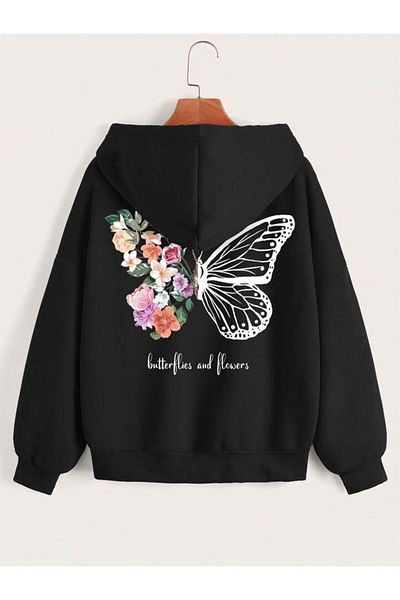 modaberry Cardigan cu fermoar Fluture Floral - Hanorac de iarnă supradimensionat cu buzunare, imprimat negru