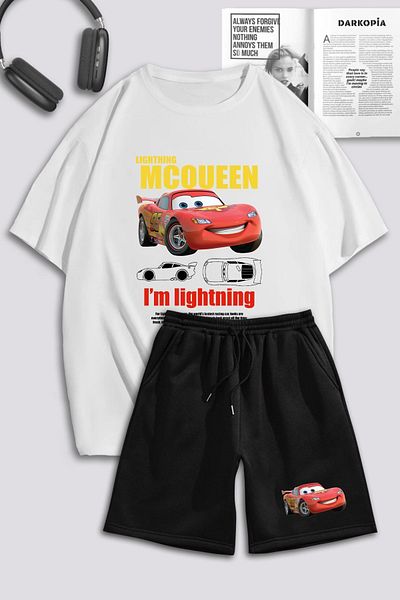 modaberry Σετ μπλουζάκι και σορτς Mcqueen Oversize - Λευκό, Μαύρο, Ποδηλατικό λαιμόκοψη