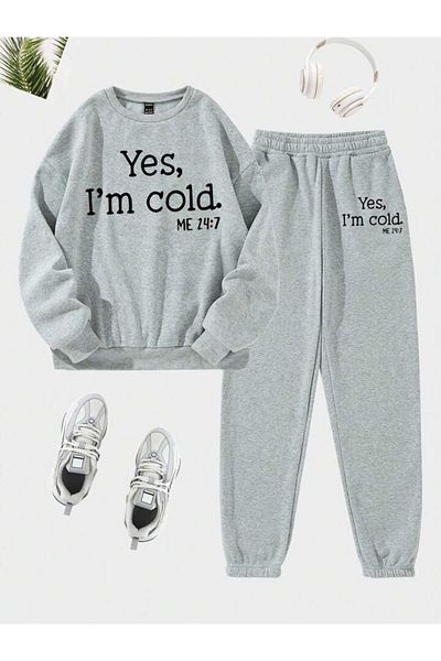 modaberry Yes Im Cold 24:7 Combination Bottom Top Σετ αθλητικής φόρμας - Γκρι εμπριμέ Oversize Rubber Leg Crew Neck