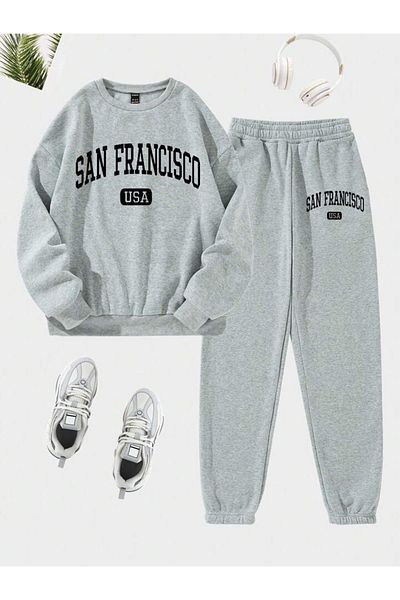 modaberry Σετ αθλητικών παντελονιών San Francisco Usa Combination Bottom Top - Γκρι εμπριμέ Oversize Λαστιχένιο πόδι με λαιμόκοψη