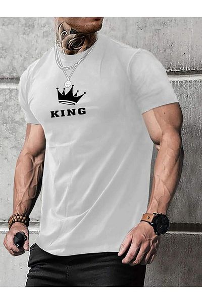 modaberry Tricou King Crown - Imprimat alb cu mânecă scurtă și decolteu
