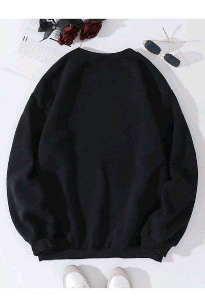 modaberry Flower Pattern Sweatshirt - Black Printed Oversize Thick Crew Neck