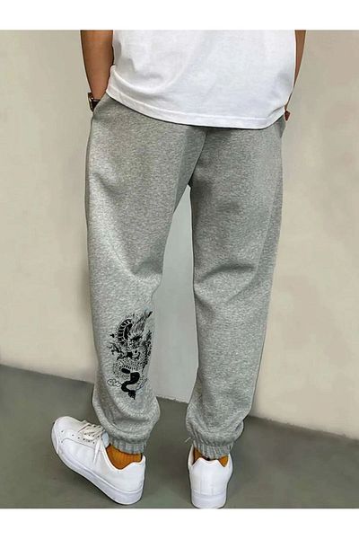 modaberry Dragon Leg Detail Sweatpants Jogger - Γκρι εμπριμέ ψηλόμεσο ελαστικό πόδι