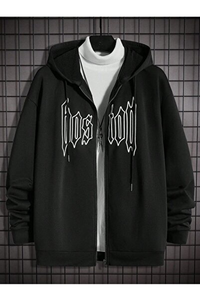 modaberry سترة بوسطن ديزاين بسحاب - سترة شتوية بجيب كبير مطبوع باللون الأسود