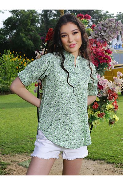 Sera By Styli Floral Print Mandarin Collar Top with Short Sleeves