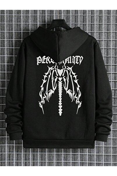 modaberry Черен перфориран кардиган с качулка и щампа - Зимен суитшърт с джоб...