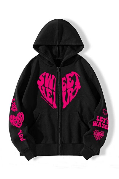 modaberry سترة صوفية بسحاب على شكل قلب - غطاء رأس شتوي بجيب كبير مطبوع باللون...