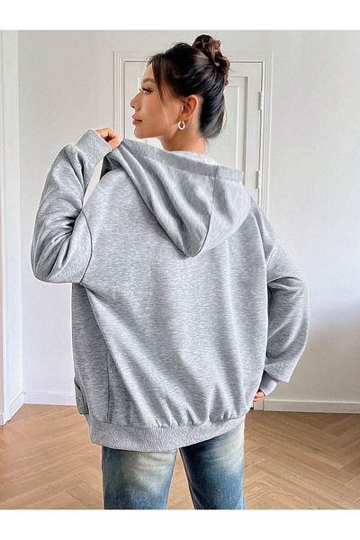 modaberry Best Written Sweatshirt Zippered Cardigan - Gray Printed Oversize Pocket Winter Hoodie