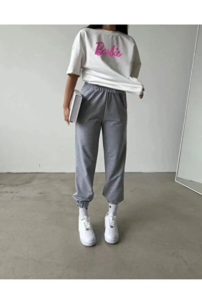 Trendglow T-shirt Φούτερ Παντελόνι Jogger - Λευκό Γκρι Σετ Φούτερ με στάμπα Oversize Crew Neck