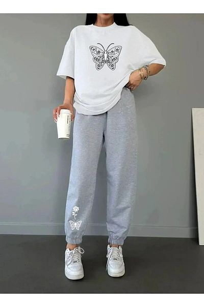 Modernica Λευκό Γκρι Σετ φόρμας Jogger Butterfly Rose - Oversize Crew Neck