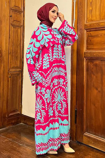julude Fuchsia Viscose Hijab Dress - Neck Buttoned and Patterned