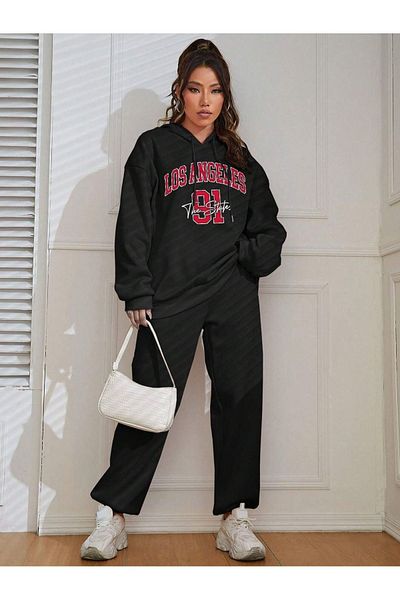 modaberry Los Angeles 91 Combination Bottom Top Σετ αθλητικής φόρμας - Μαύρη στάμπα Oversize Λαστιχένια κουκούλα