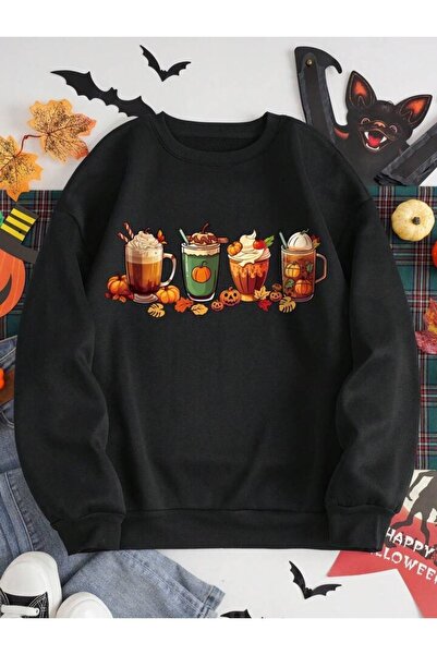 modaberry Hanorac Pumpkin Coffee - Negru Imprimat Oversize Gros Crew Gât