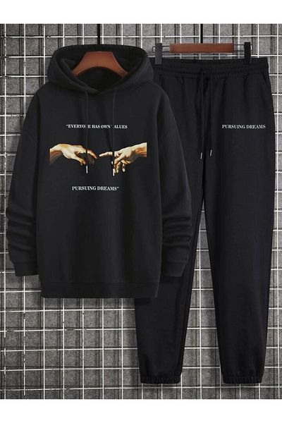 modaberry Σετ φόρμας Michelangelo Pursuing Combination Bottom Top - Μαύρη στάμπα Oversize Λαστιχένια κουκούλα στα πόδια
