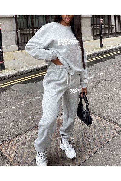 modaberry Essentials Combination Bottom Top Σετ Φούτερ - Γκρι εμπριμέ Oversize Λαστιχένιο πόδι Crew Neck