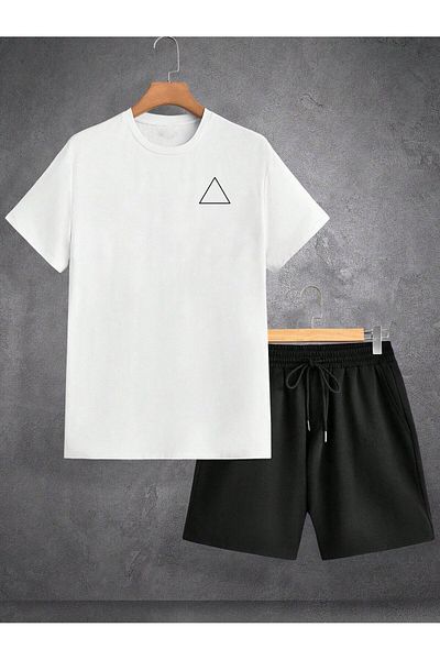 modaberry Triangle Logo T-Shirt Shorts - White with Black Shorts T-Shirt Top and Bottom Set Printed Crew Neck