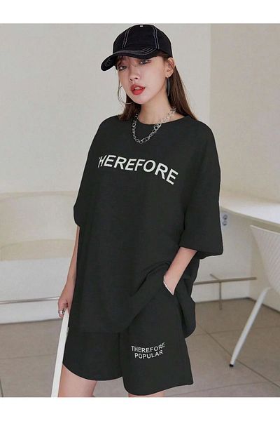 modaberry Therefore T-shirt και σορτς - Μαύρο σορτς T-shirt Bottom Top Σετ φόρμας Oversize Crew Neck
