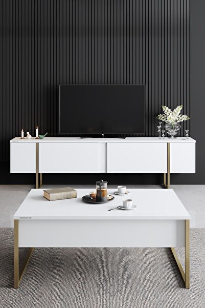 Modatte Luxe Gold Demir Ayaklı Beyaz Tv Sehpası Tv Ünitesi Tymd252