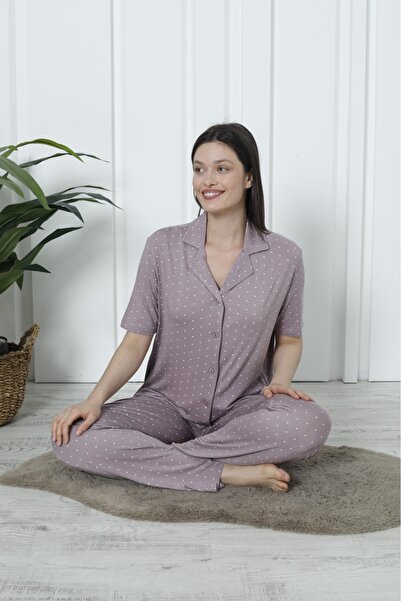 Kuryıldız Viskon Boydan Düğmeli Kısa Kollu Pijama Takımı Puantiyeli