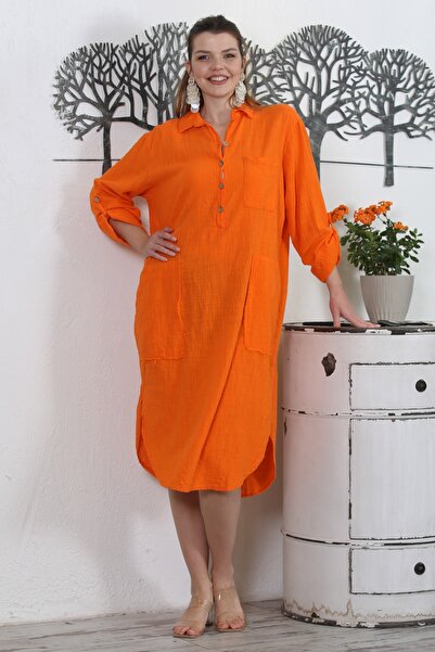 Chiccy İtalyan Turuncu Gömlek Yaka Uzun Kol Düğmeli Çift Cepli Yıkamalı Dokum...