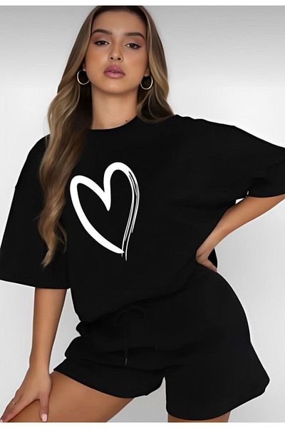 modaberry Μπλουζάκι Big Heart και σορτς - Μαύρο σορτς T-shirt στο κάτω μέρος Σετ φόρμας Oversize Crew Neck
