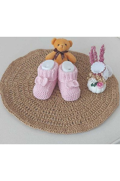 BEGİN Pink Newborn Gift Dress for 0-6 Months Baby - Acrylic Wool, Slippers, Booties and Bow Detail