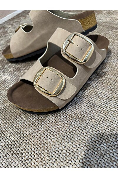 ZİESCE Γυναικείες παντόφλες Beige Nubuck - Διπλό λουράκι, ρυθμιζόμενη πόρπη, καθημερινή χρήση