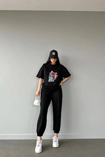 Trendglow Cat T-shirt Sweatpants Jogger - Σετ φόρμας με μαύρη στάμπα Oversize Crew Neck