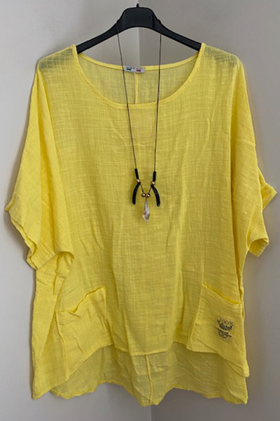 AYASOFYA OTANTIK Kadın Sarı Italyan Kolye aksesuarlı Torba Cepli Kısa Kollu Oversize Salaş Bluz
