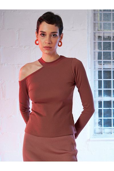 Sassafras By Styli High Neck Shoulder Cut Out Rib Knit Top