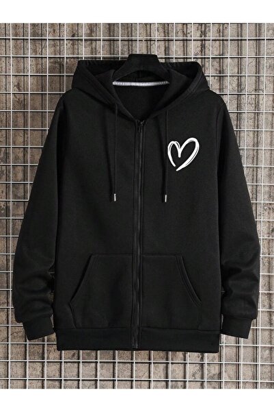 modaberry سويت شيرت بشعار قلب بسحاب - سترة شتوية بجيب كبير مطبوع باللون الأسود