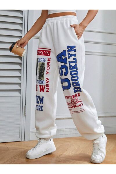 Trendglow Brooklyn Desire 1898 Sweatpants Jogger - Λευκό εμπριμέ λαστιχένιο πόδι ψηλόμεσο καλοκαίρι