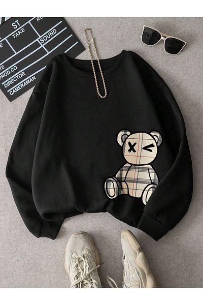 modaberry Hanorac Urs cu dungi - Negru Imprimat Oversize Gros Crew Gate