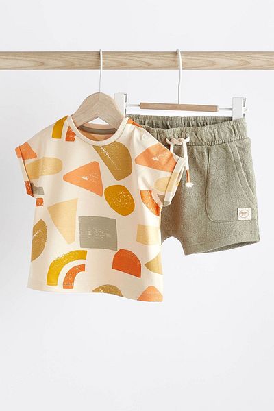 Next Baby Cream Khaki Cotton Short Sleeve Top and Short Set
